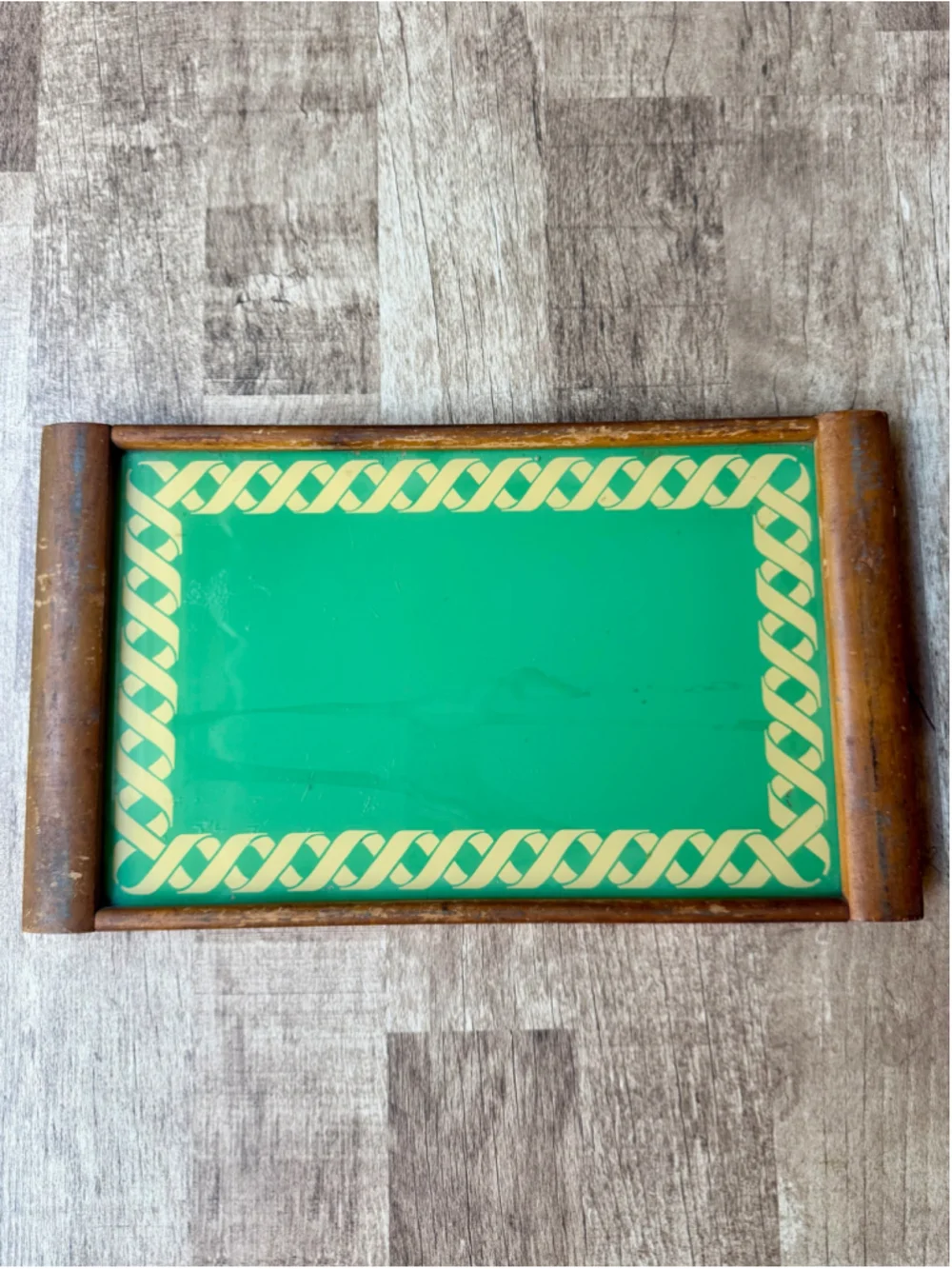 Vintage Green Glass Wood Framed Vanity Tray Chain Link Border Accent